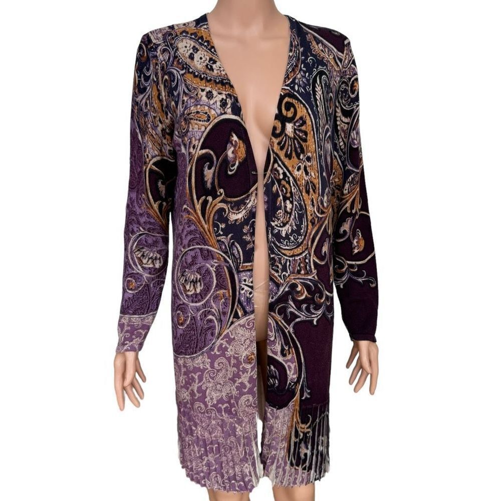 Chico’s paisley Scroll-Print Pleated open front cotton blend Cardigan sz 1/M